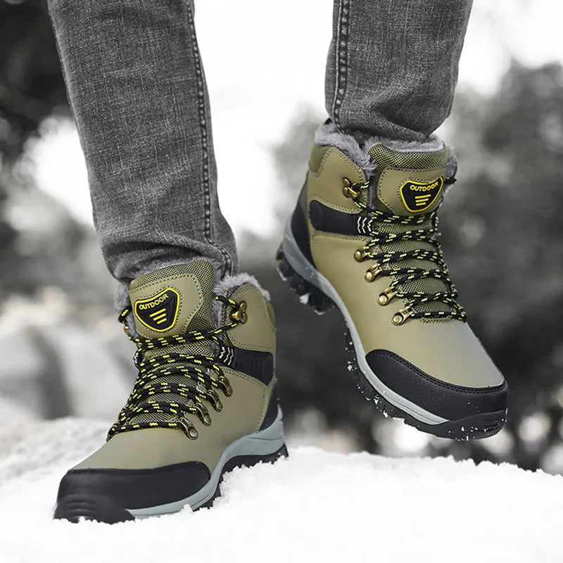Men's winter snow boots with plush lining, lace-up front, synthetic leather upper, and TPR outsole in grey colour