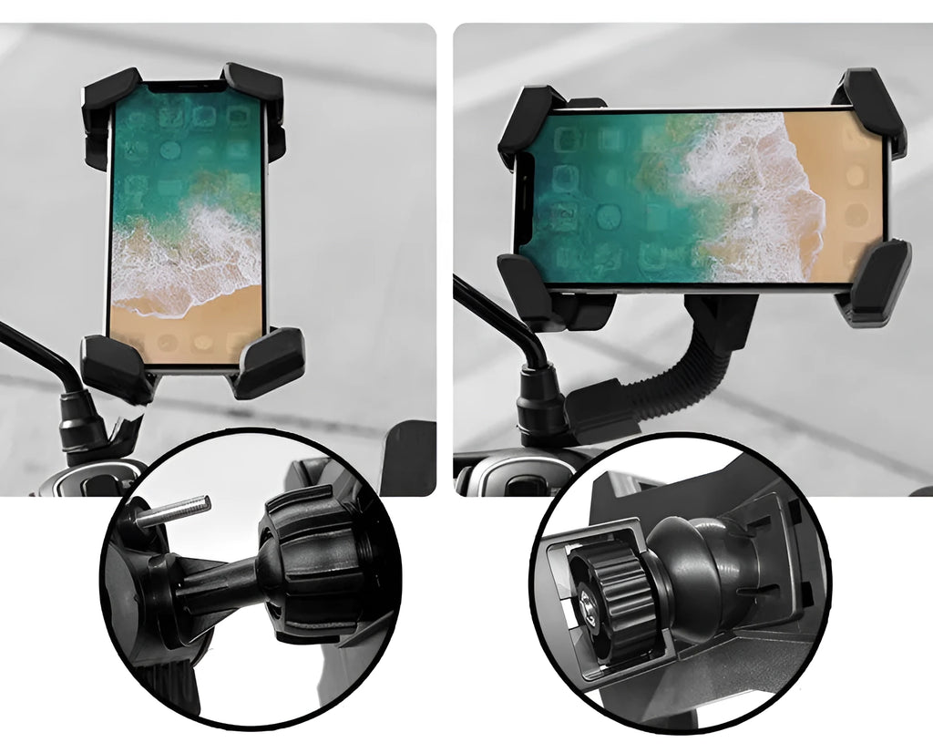 Automatic locking motorcycle phone holder car mount in black, made of ABS plastic and silicone, mounted on handlebar