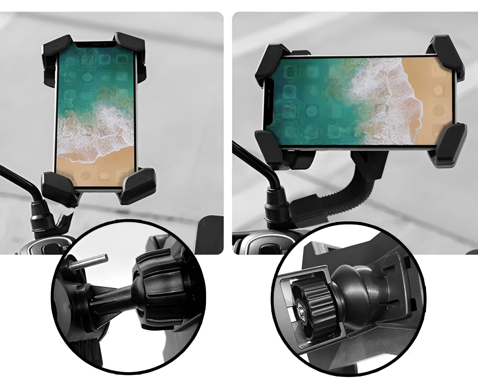 Automatic locking motorcycle phone holder car mount in black, made of ABS plastic and silicone, mounted on handlebar