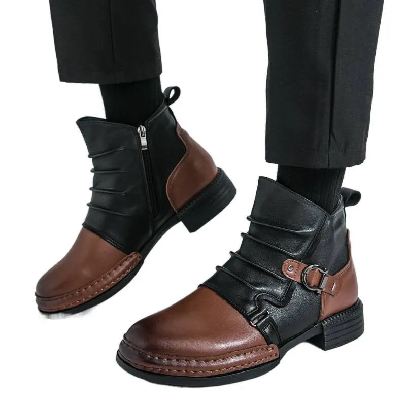 Men's brown Martin booties with side zipper and rubber sole on white background