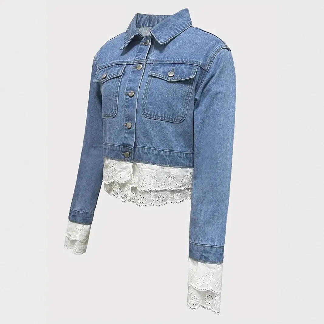 Blue women's denim jacket with white lace stitching detail on the front and sleeves.