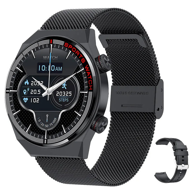Black smartwatch with rotary key, leather strap, and 1.3-inch screen displaying health metrics.
