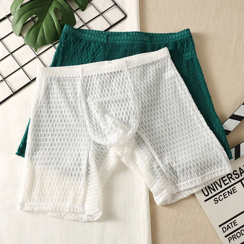 Men's solid colour lace boxer shorts with hip-lifting shaping design