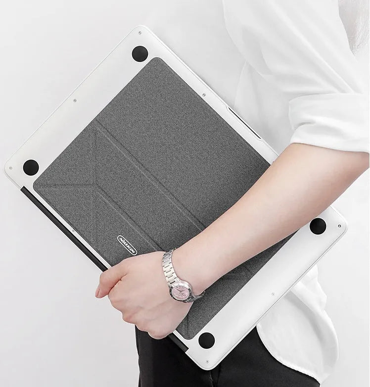Blue foldable laptop cooling bracket shown open and closed, with an ergonomic viewing angle.