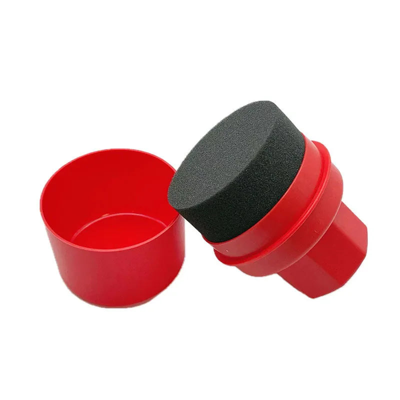 Black car tyre polishing sponge brush with handle and lid, showing dense sponge for applying tyre dressing.