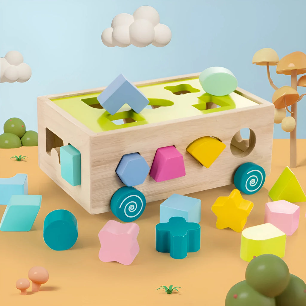 Wooden geometric shape sorter on wheels with 17 sorting holes and colourful cubes for toddlers age 3 plus