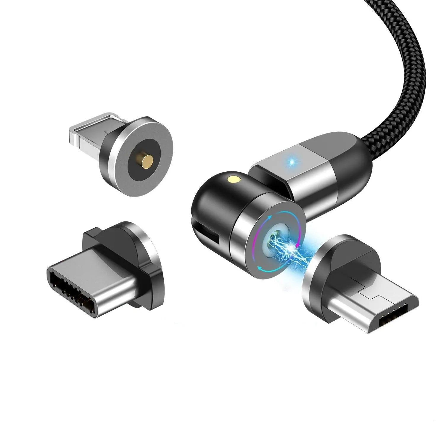 540° magnetic three-in-one data cable with aluminium alloy connector, TPE jacket, and LED indicator light on a table next to a smartphone
