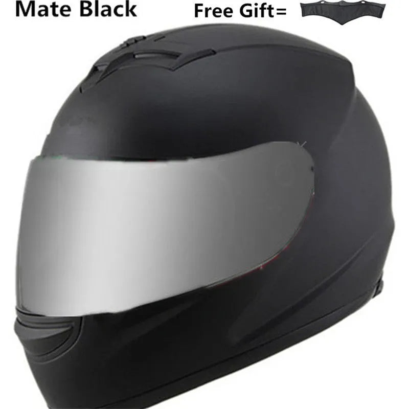 Men's full-face motorcycle helmet in black silver with visor, one size and XXL options