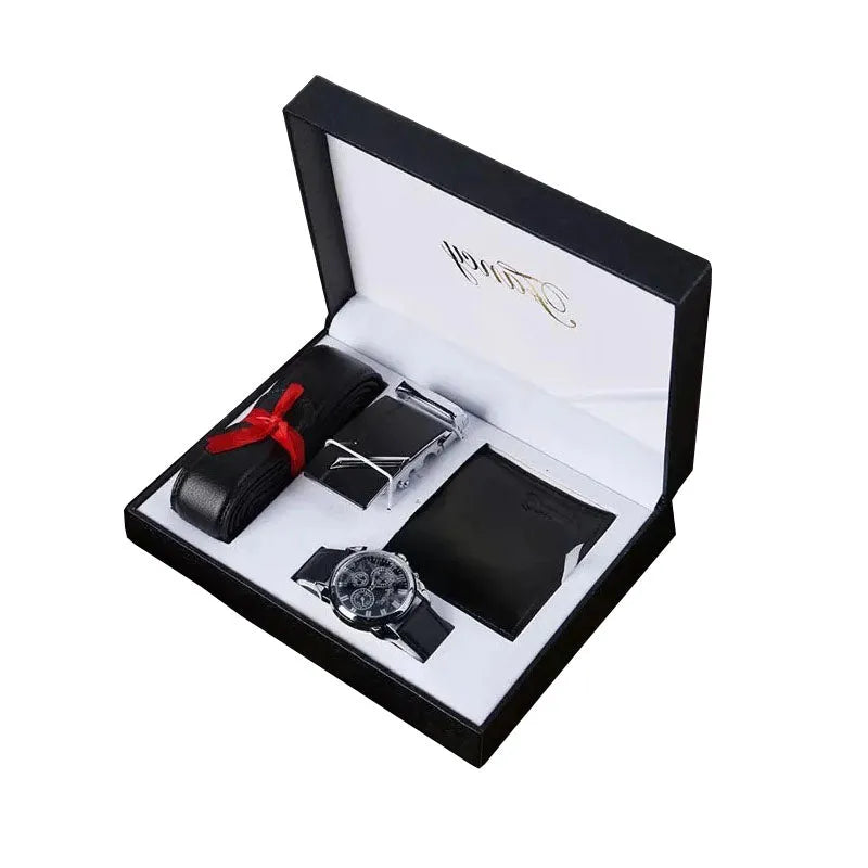 Men's leather watch gift set black genuine leather strap round dial quartz movement