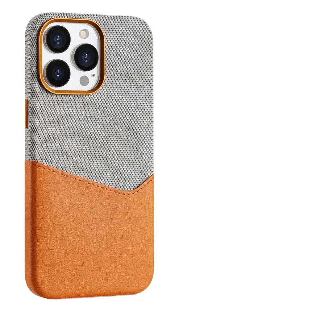 Leather magnetic card phone case for iPhone 12-15 Pro Max in black, brown, pink, orange with card slot.