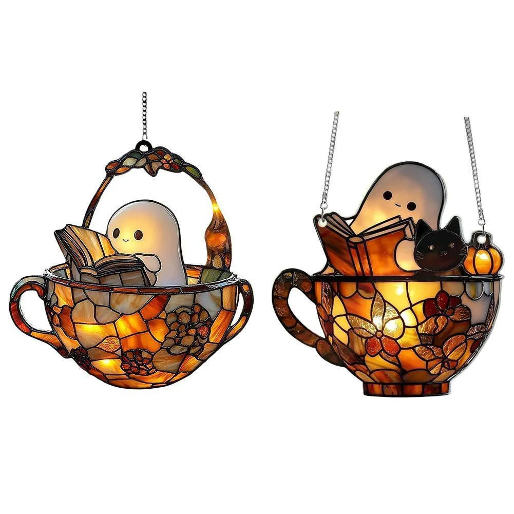 Acrylic ghost reading book suncatcher hanging decor with American style silhouette