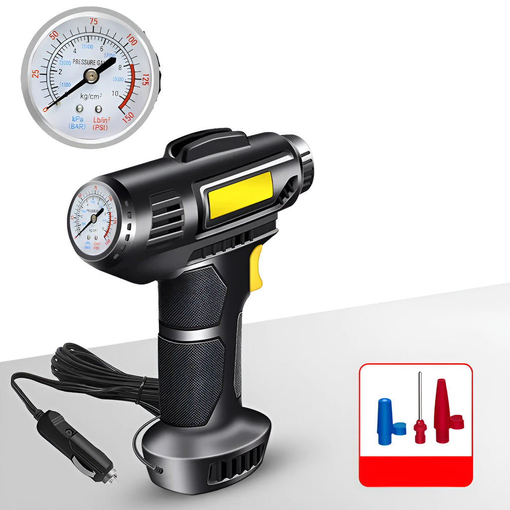 A black wireless electric tyre pump with digital display, charging cable, and air nozzles on a grey background.