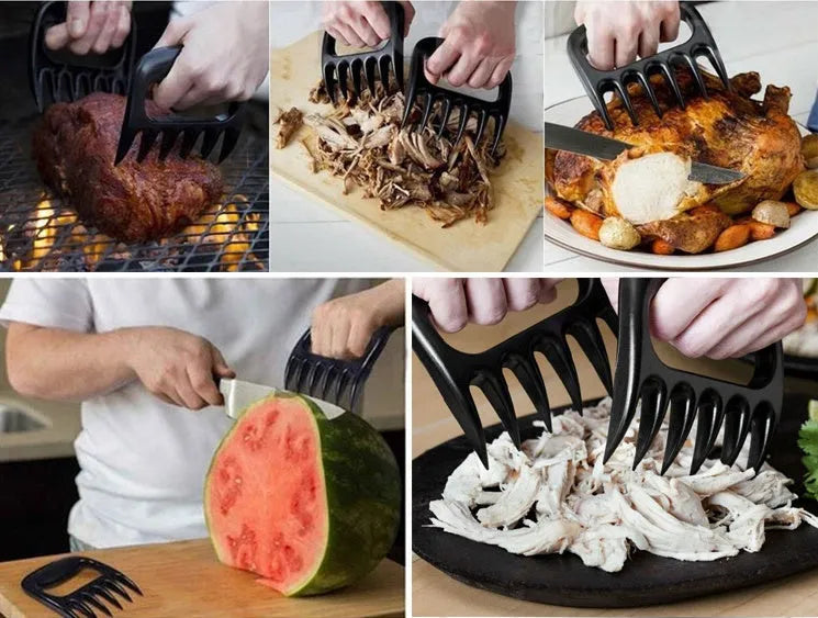 Two black bear claw meat shredders for BBQ preparation on a kitchen counter.