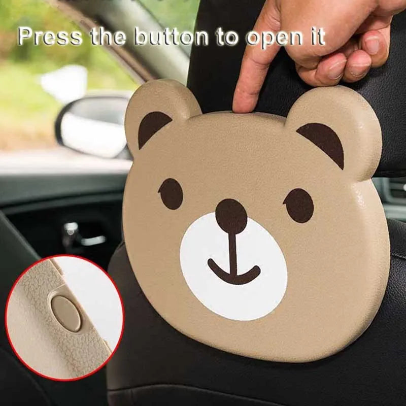 Child car seat table tray in black, with side hooks and a flat surface for snacks and drinks, size 20 x 23.5 cm