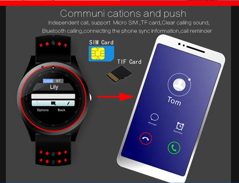 Call photo pedometer smart watch with 53mm black case on a wrist, displaying a call notification screen