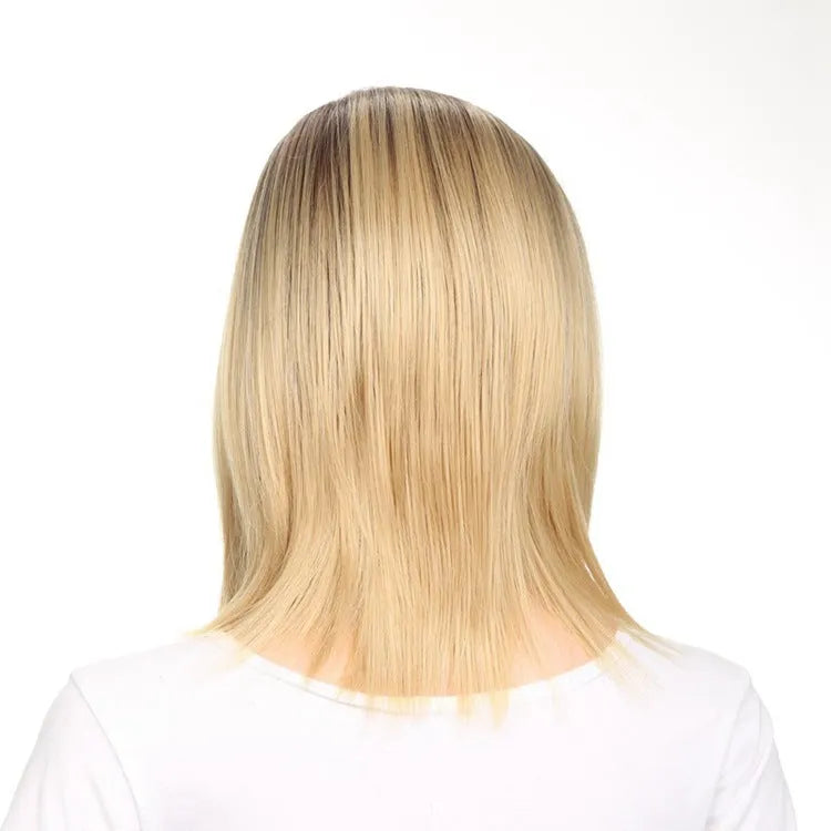 Short straight wig in gold colour, 16 inch length, chemical fibre high temperature silk