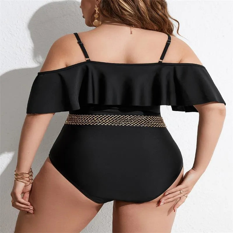 Black women's one-piece swimsuit in plus sizes from 0XL to 4XL made from polyester fabric