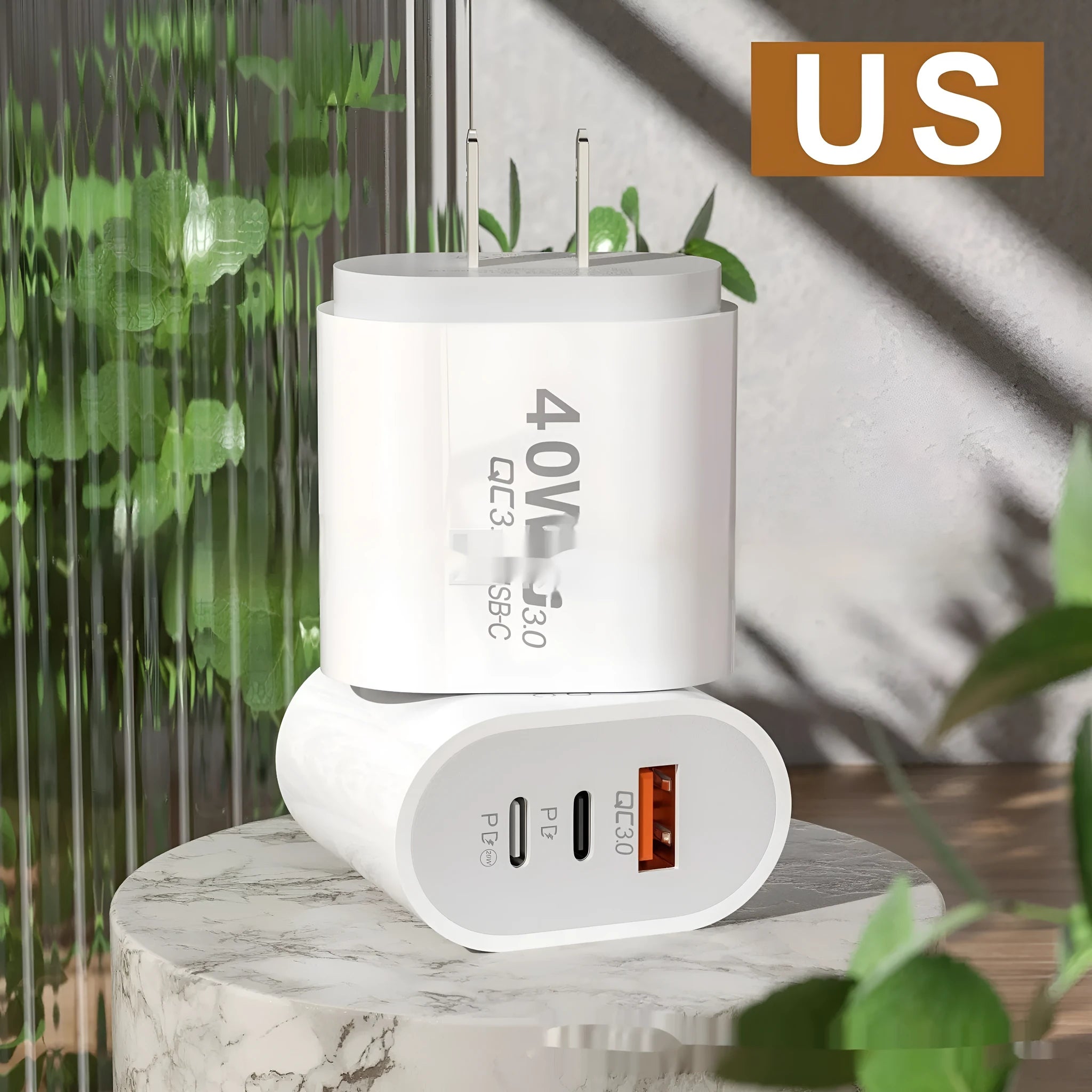 40W multi-port charger for Android mobile phone with EU and US plug options in black, white, and yellow