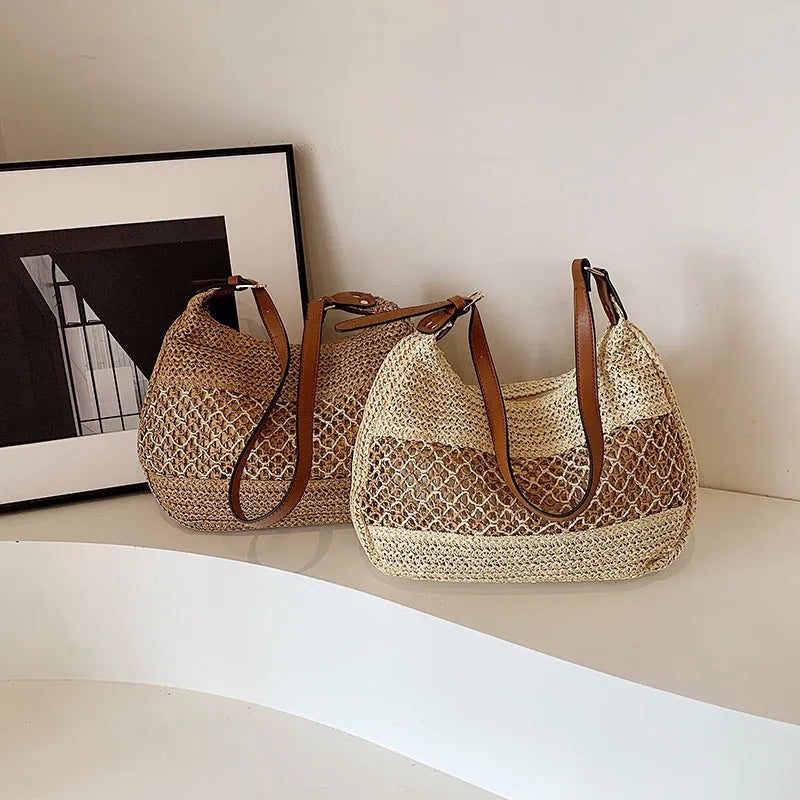 Women's straw cross body bag in khaki colour with horizontal square shape and cross body strap