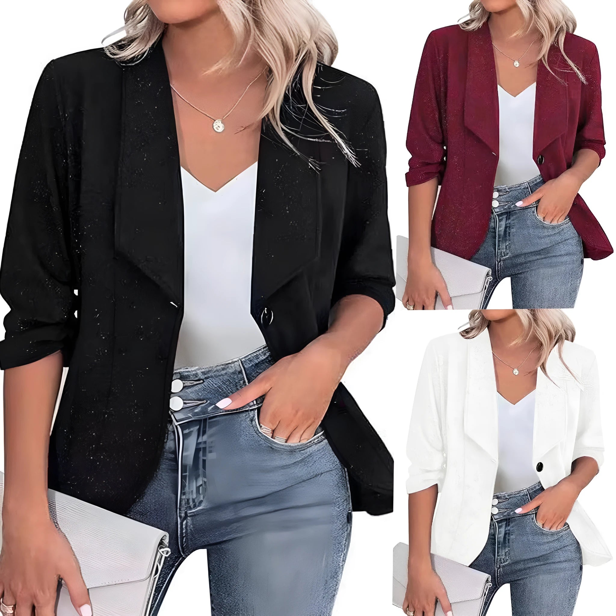 Slim-fit polyester cardigan suit jacket in black, white and wine red colours with regular long sleeves