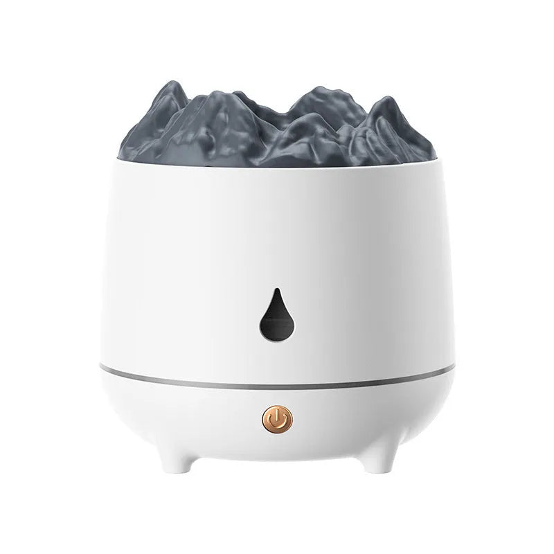 Black volcanic mountain-shaped ultrasonic humidifier with USB cable on wooden surface