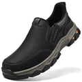 Men's dark brown casual leather shoes with round toe and flat rubber sole.