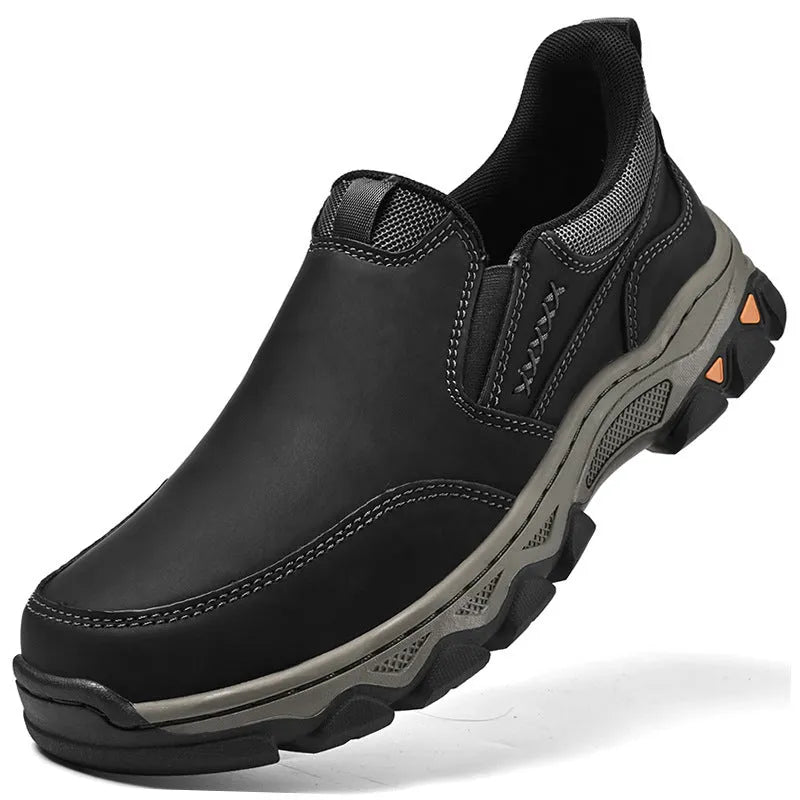 Men's dark brown casual leather shoes with round toe and flat rubber sole.