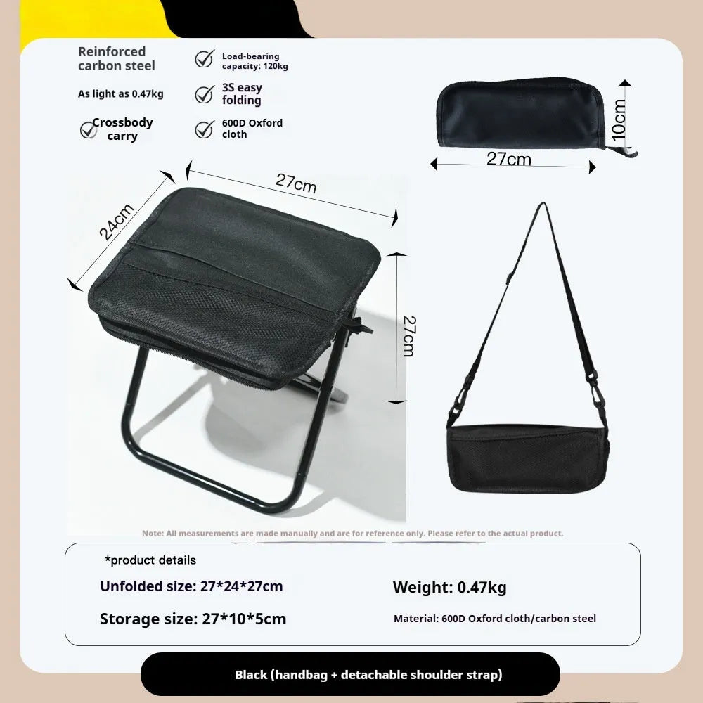 Lightweight foldable camp stool in Oxford cloth, shown folded and unfolded in khaki colour.