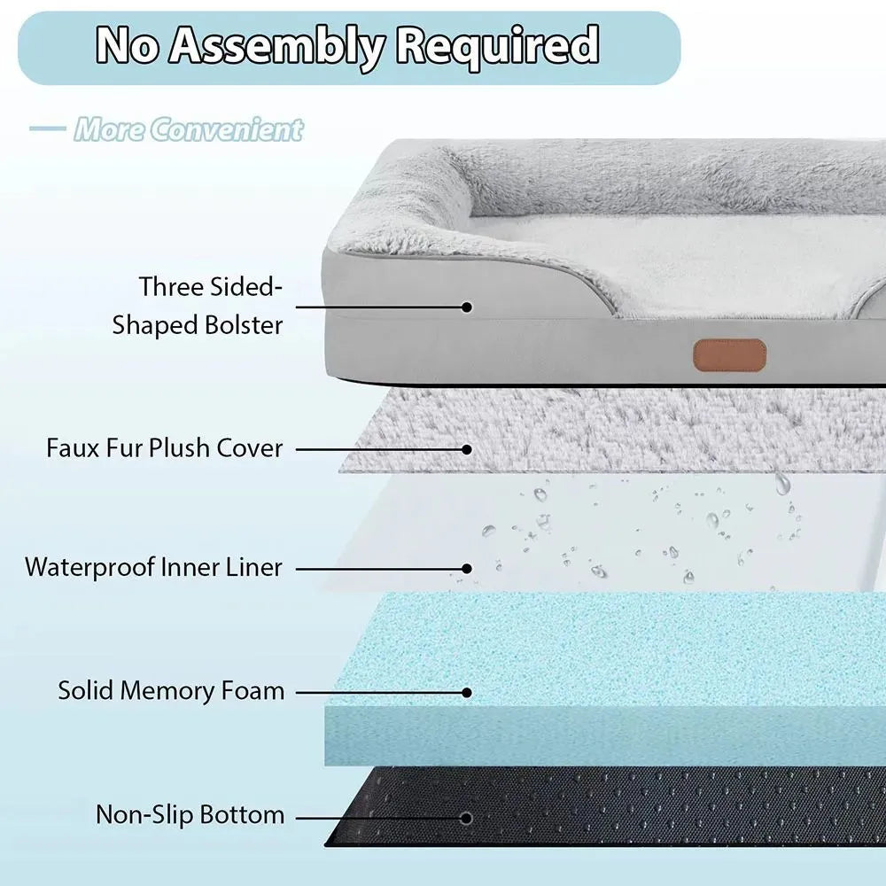 Grey waterproof dog bed with soft fleece lining and raised edges, size L 90x65x16cm