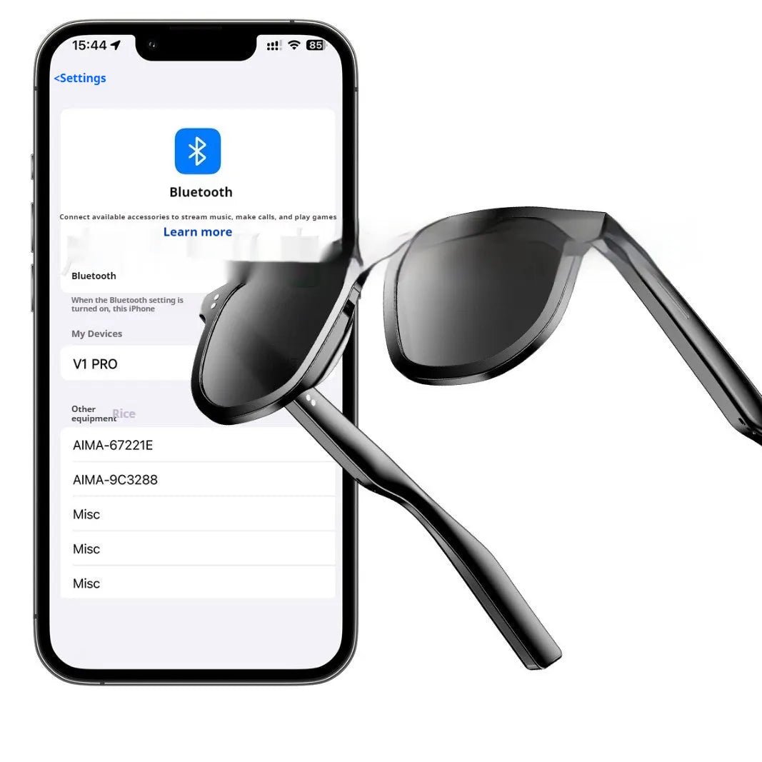 Black AI smart glasses with Bluetooth audio and sunglasses lenses for wireless calls.