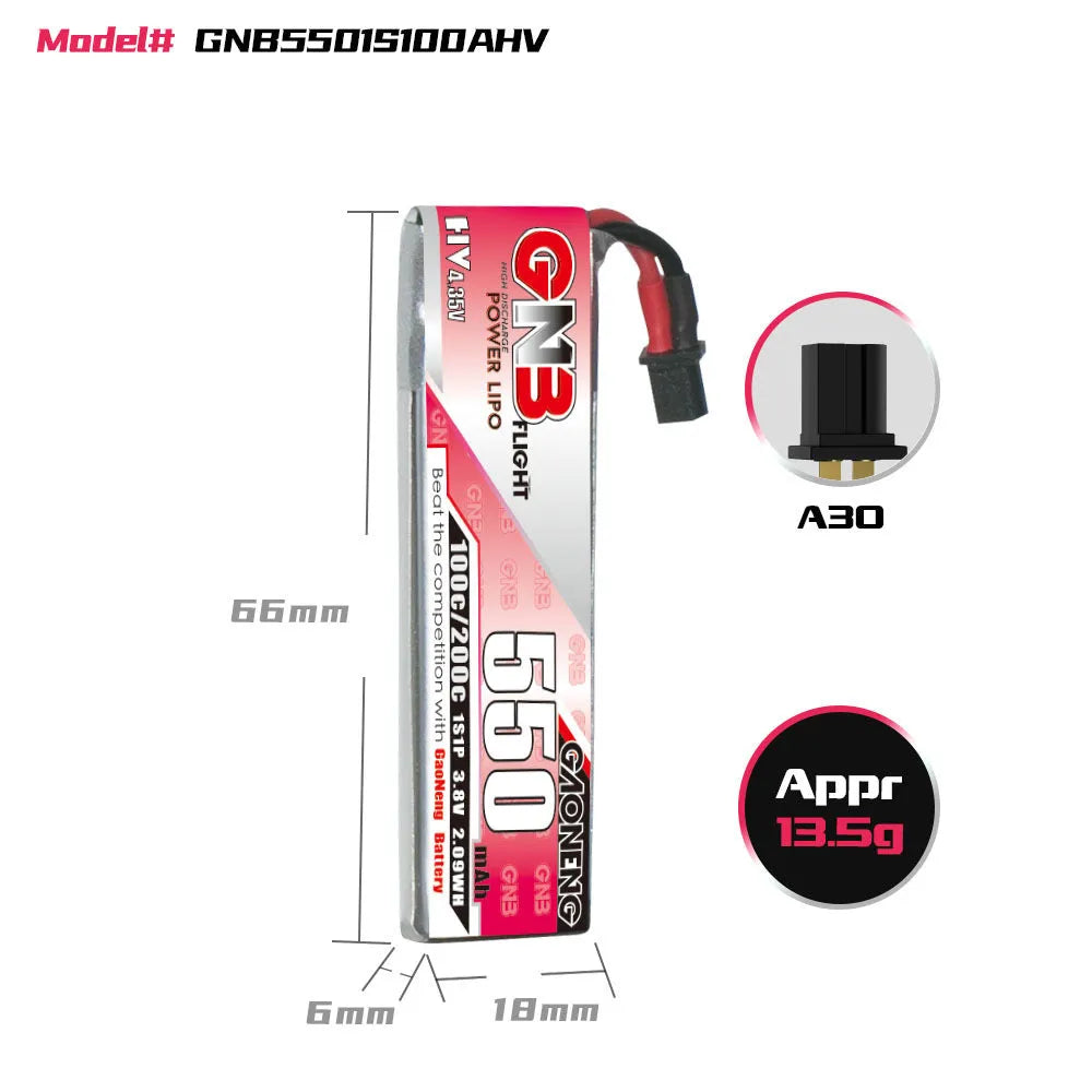 GNB High Energy 550mAh 1S 3.8V lithium battery with A30 plug for RC models