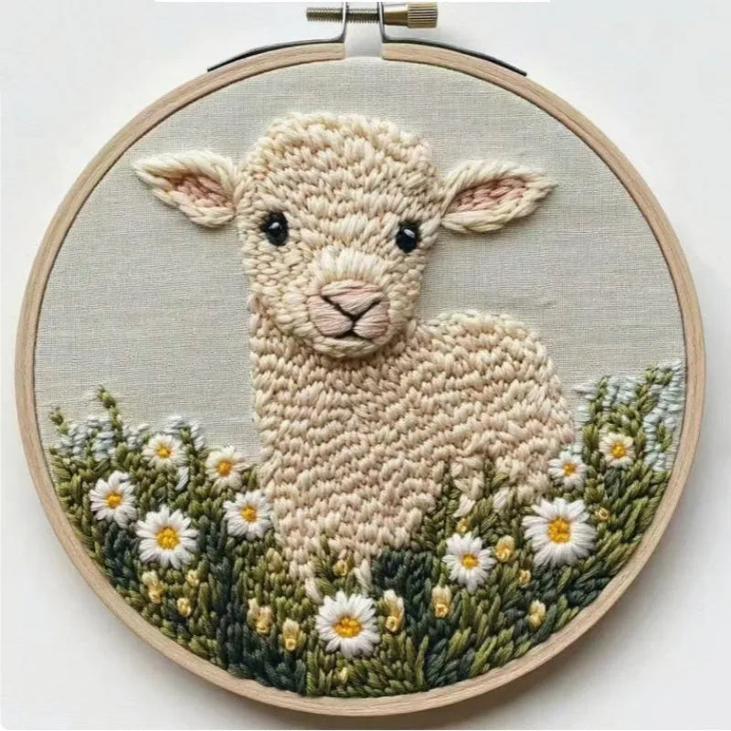 Beginner cute cartoon embroidery craft suit with cloth material and six animal designs including butterfly, fox, horse, mermaid, sheep, turtle.
