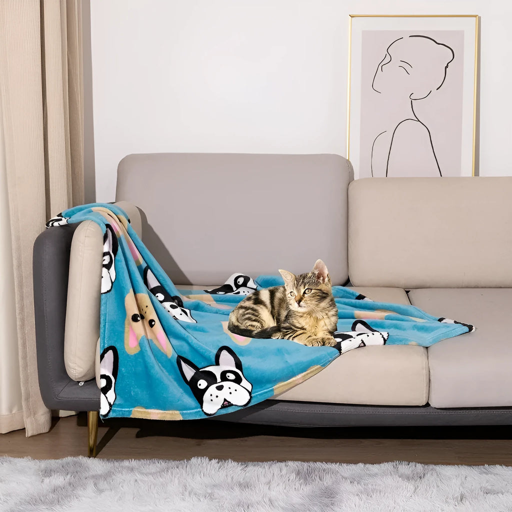 Cartoon anime pattern pet blanket with double-sided flannel construction in blue dog or dog's paw designs