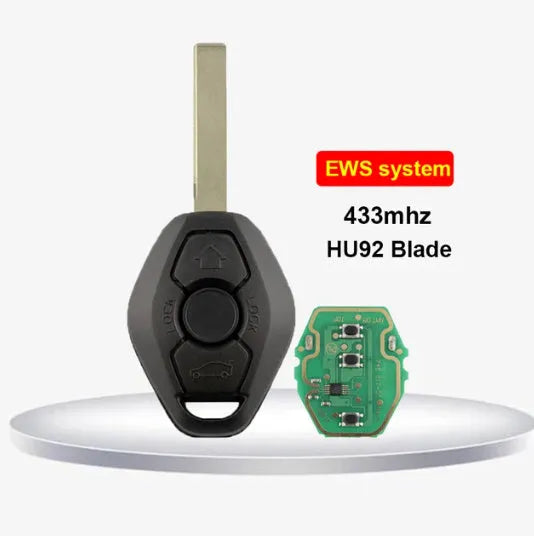 BMW EWS 3 remote replacement key with three buttons, ID44 chip, and HU58 blade cut