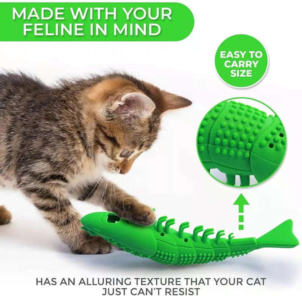 Blue catnip dental chew toy with rubber bristles for teeth cleaning