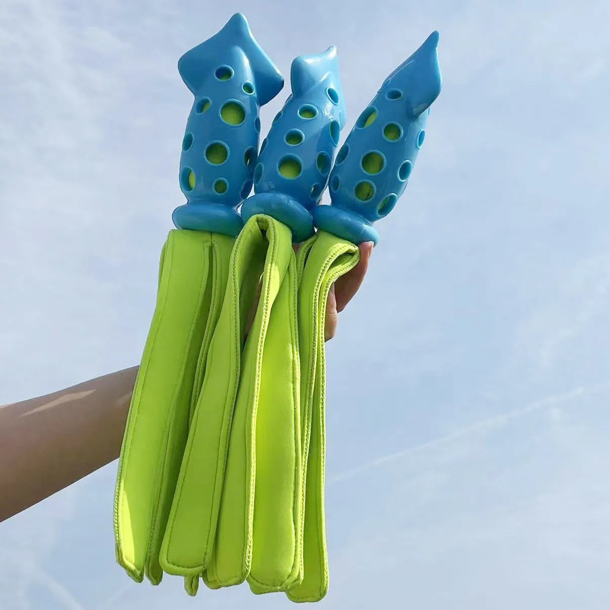 Blue squid-shaped dog chew toy with rubber tentacles and waterproof cloth elements measuring approximately 39cm