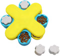 Yellow three-layer rotating dog puzzle feeder toy with anti-slip rubber pads on base