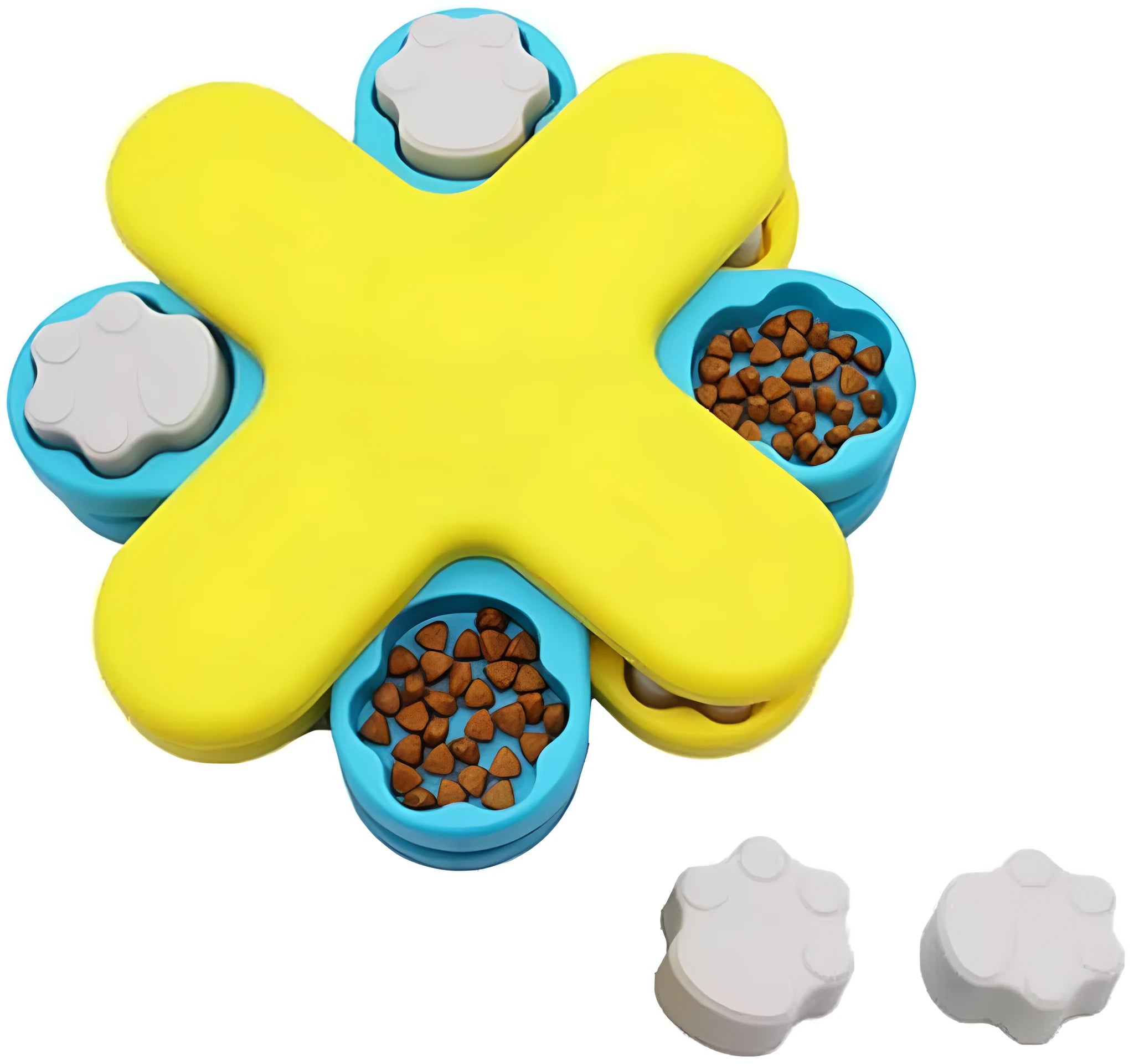 Yellow three-layer rotating dog puzzle feeder toy with anti-slip rubber pads on base