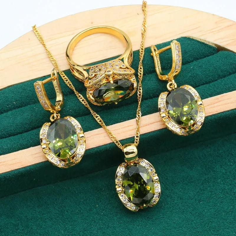 Women's full rhinestone zircon jewellery set with necklace, earrings and ring in olive green or red on snake bones chain