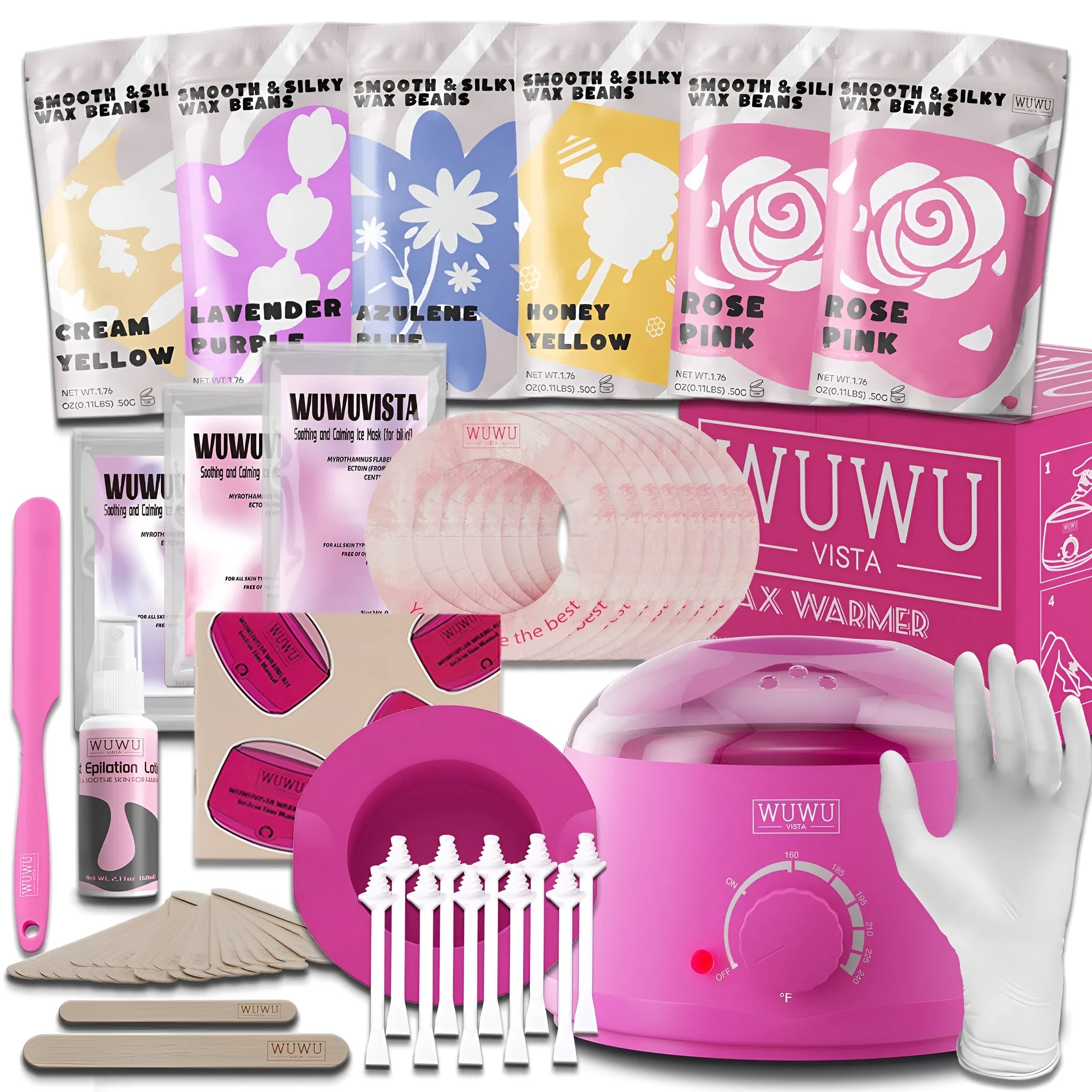 WUWUVISTA 56-piece professional waxing kit with wax warmer, coloured wax beads, applicators, and aftercare products