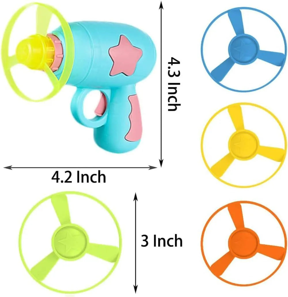 Blue interactive cat toy gun with spinning Frisbee launcher for indoor feline play