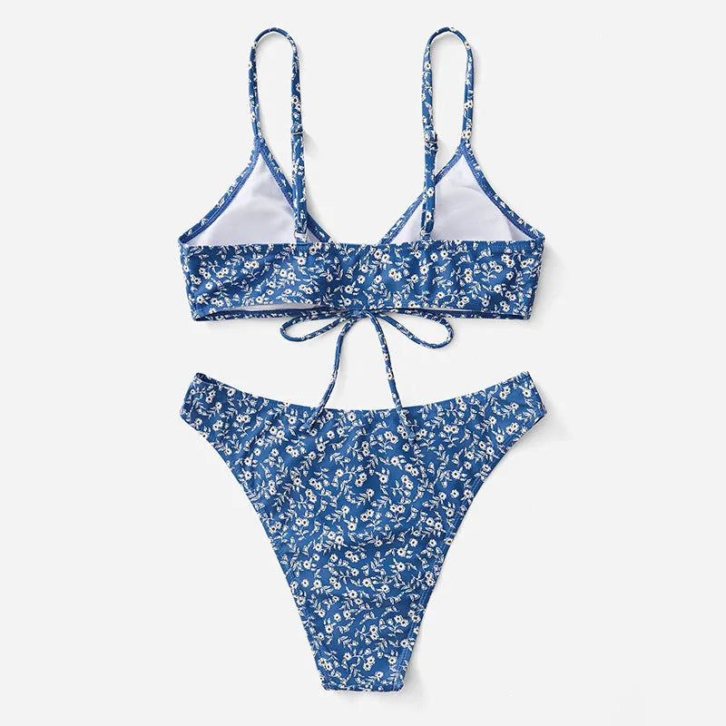 Blue women's polyester swimsuit three-piece set without steel ring, sizes S M L.