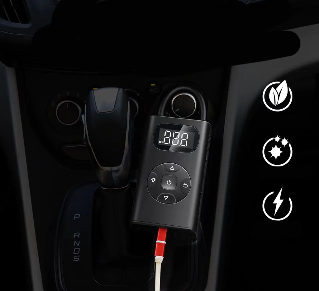 Black M09X portable tyre inflator power bank with aviation aluminium casing and a 16cm hose.