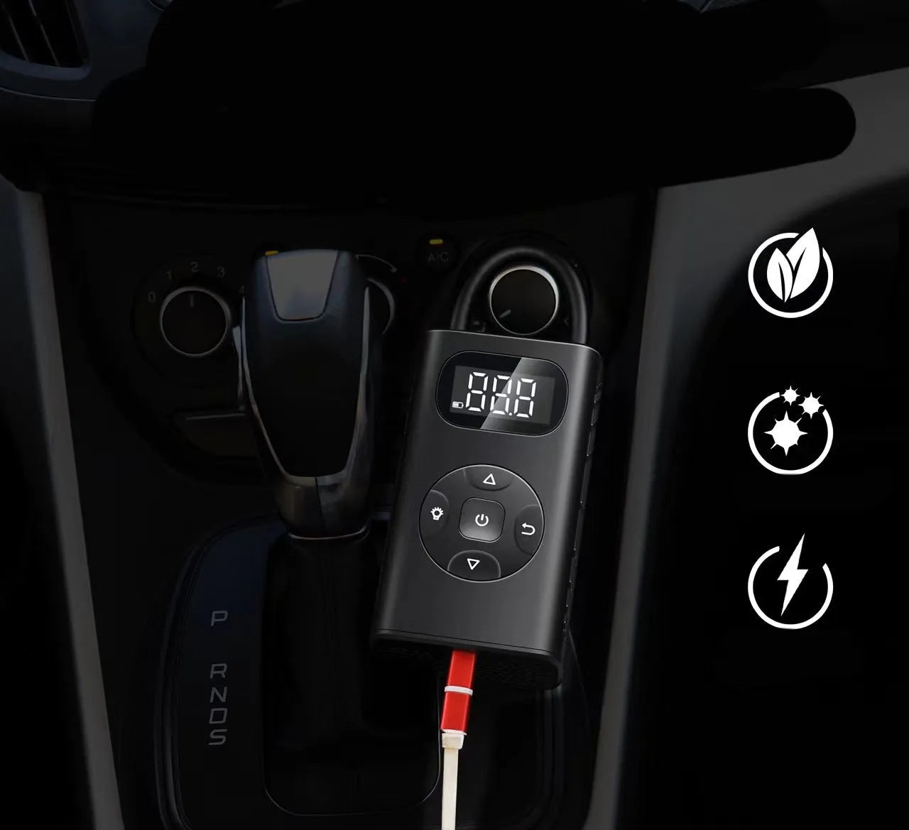 Black M09X portable tyre inflator power bank with aviation aluminium casing and a 16cm hose.