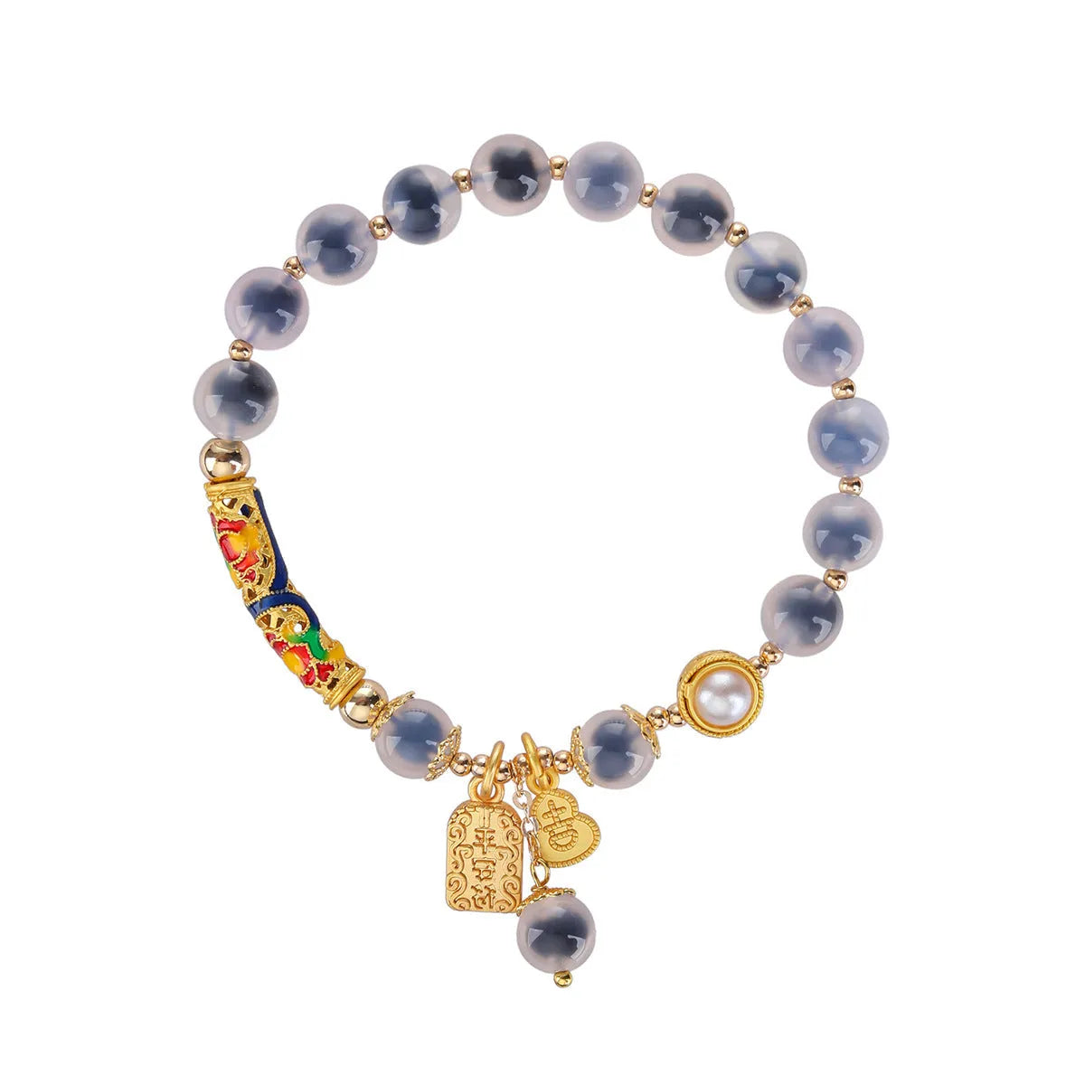 Close-up of a women's sugar heart agate beaded bracelet with an adjustable knot closure on a wrist