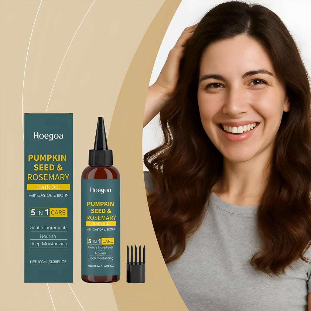 Rosemary hair care essential oil bottle with pointed applicator and hair comb