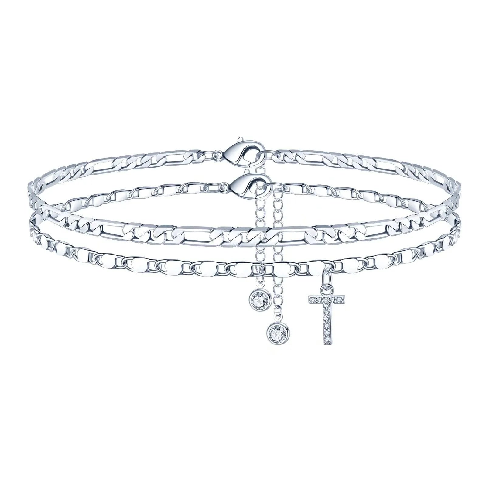 Copper double-circle bead anklet with silver colour finish showing customisable letter styling options