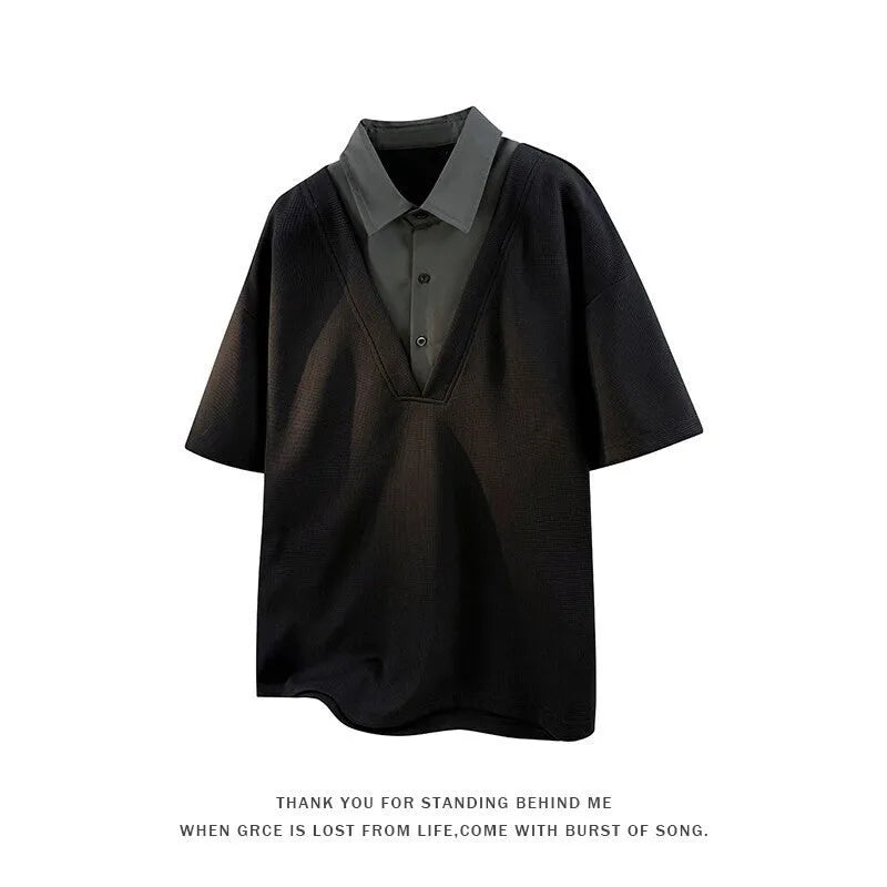 Men's thin black polo shirt sweater with a Henry collar and short sleeves.