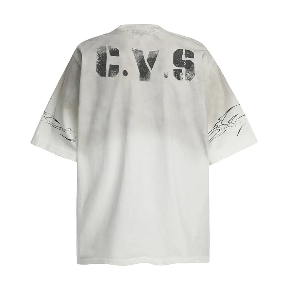Men's short-sleeved printed cotton T-shirt on a hanger, shown in white and black colour options.