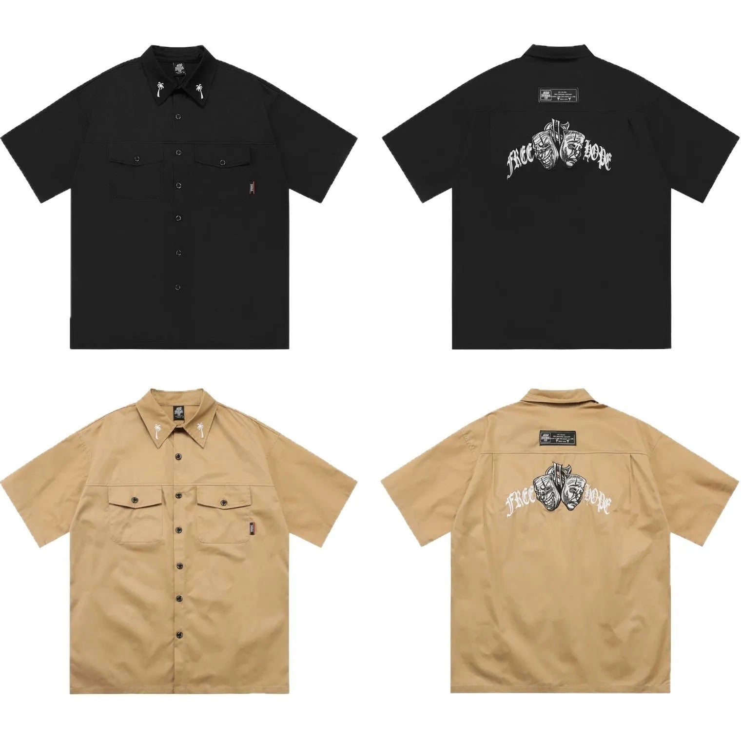 Men's black cotton blend work shirt with embroidery and pocket, loose fit plus size half sleeve design